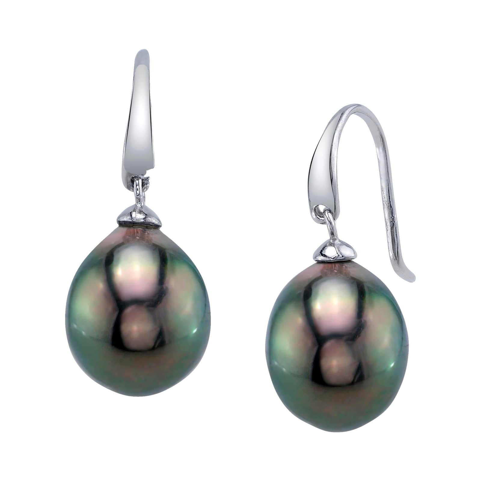 Pair of silver earrings with large, dark green-grey pearls