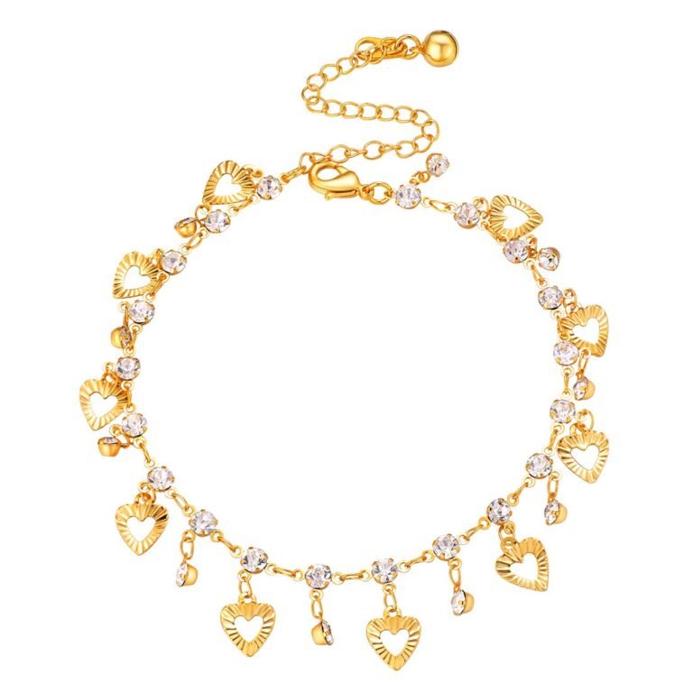 Gold anklet with heart charms and clear crystal accents