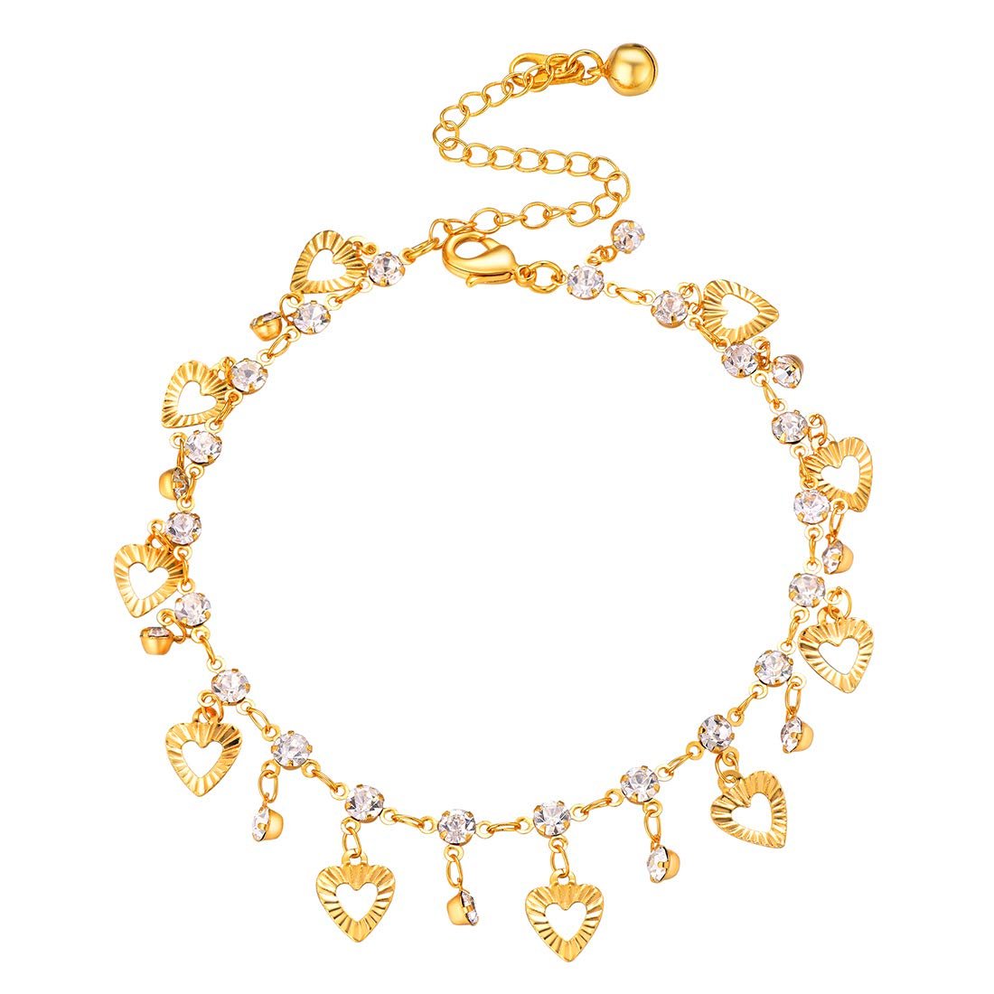 Gold anklet with heart charms and clear crystal accents