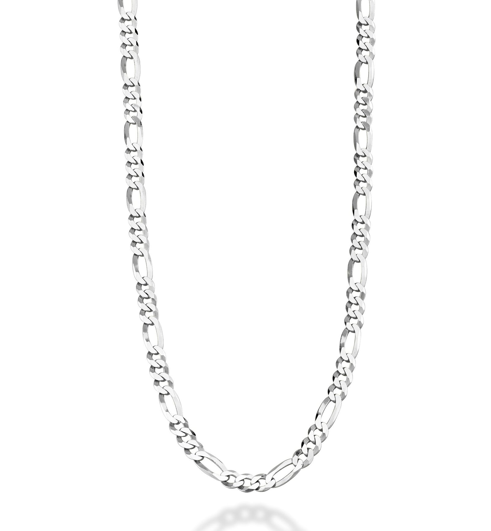 Silver Figaro chain necklace against a white background