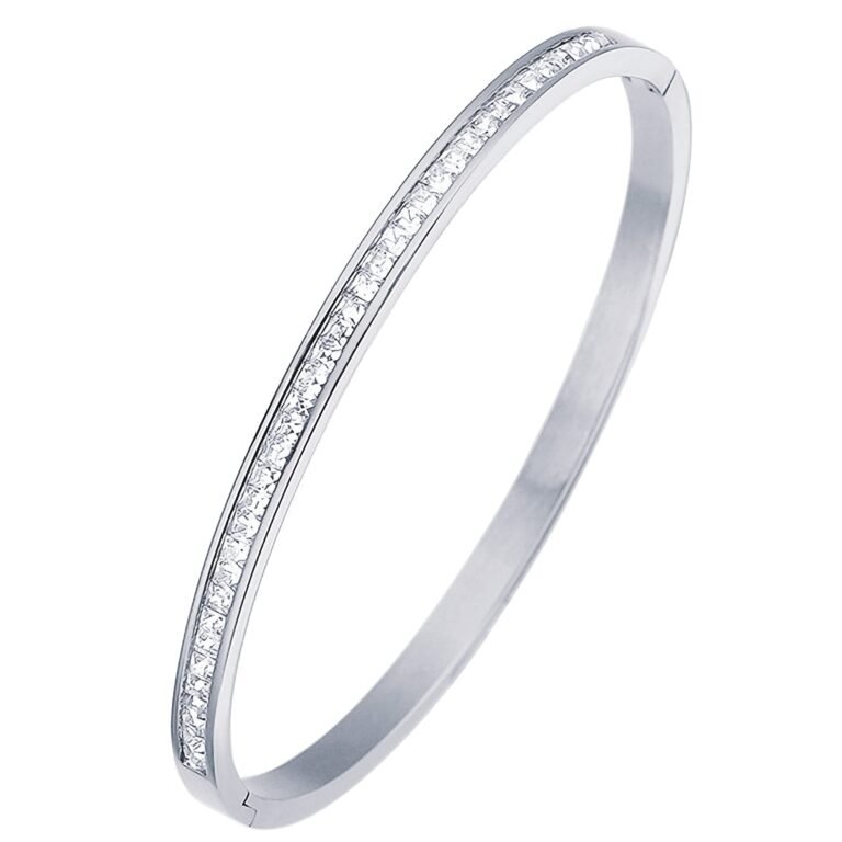 Silver bangle bracelet with a line of square-cut, clear gemstones