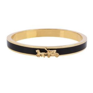 Gold bangle bracelet with black stripe and horse-drawn carriage charm