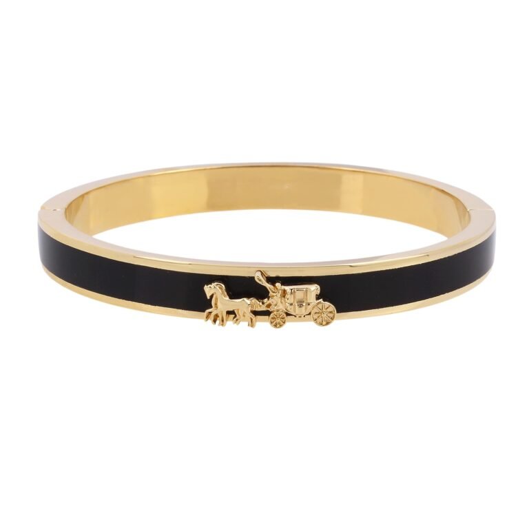 Gold bangle bracelet with black stripe and horse-drawn carriage charm