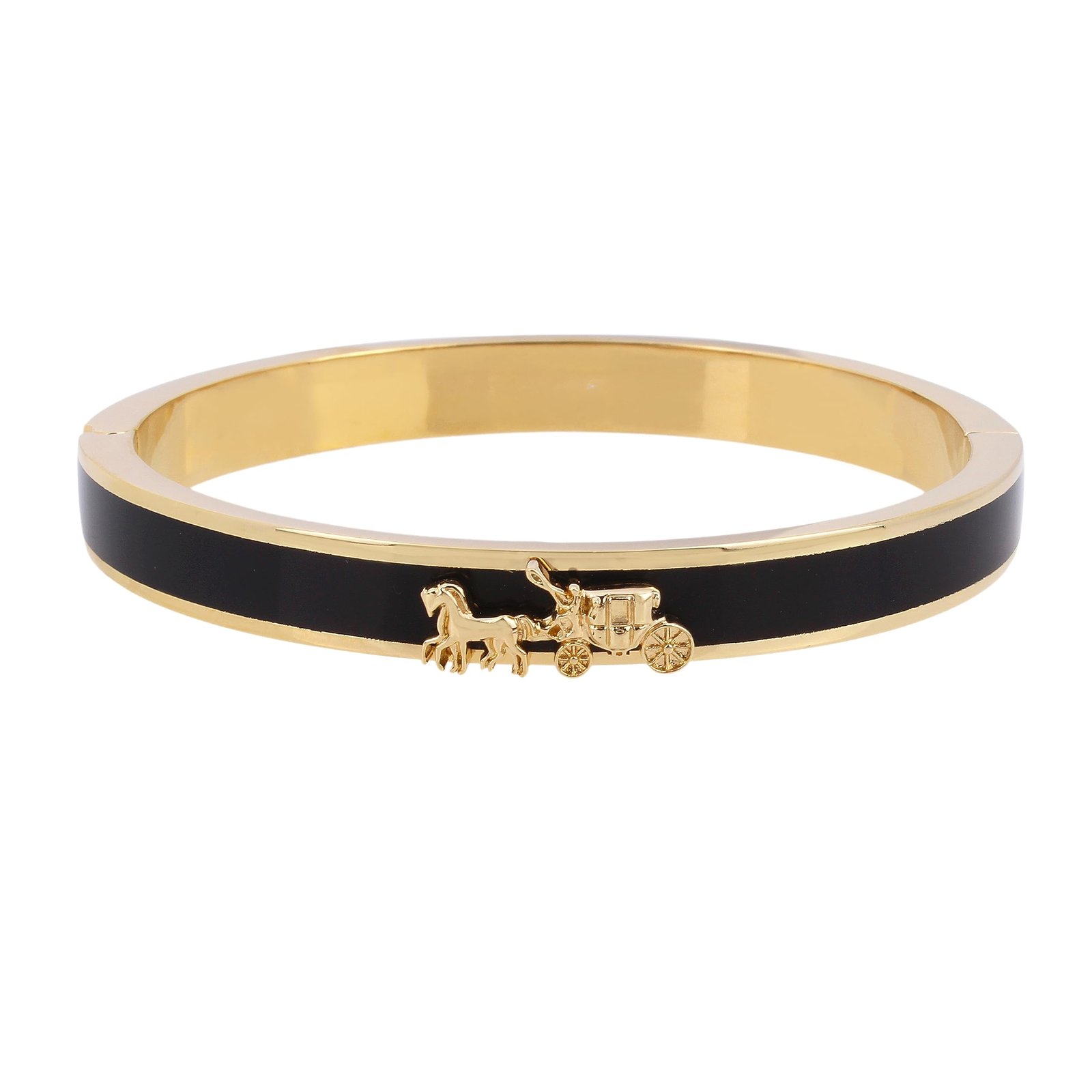 Gold bangle bracelet with black stripe and horse-drawn carriage charm