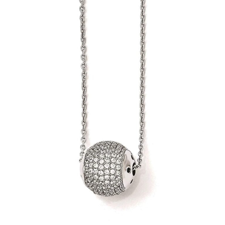 Silver necklace with a diamond-encrusted ball pendant on a white background