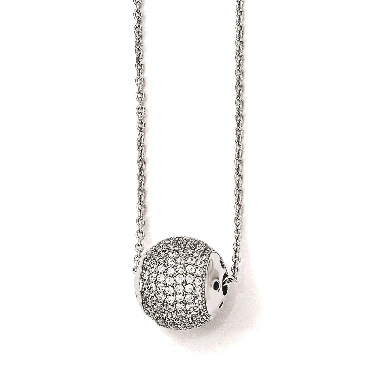 Silver necklace with a diamond-encrusted ball pendant on a white background