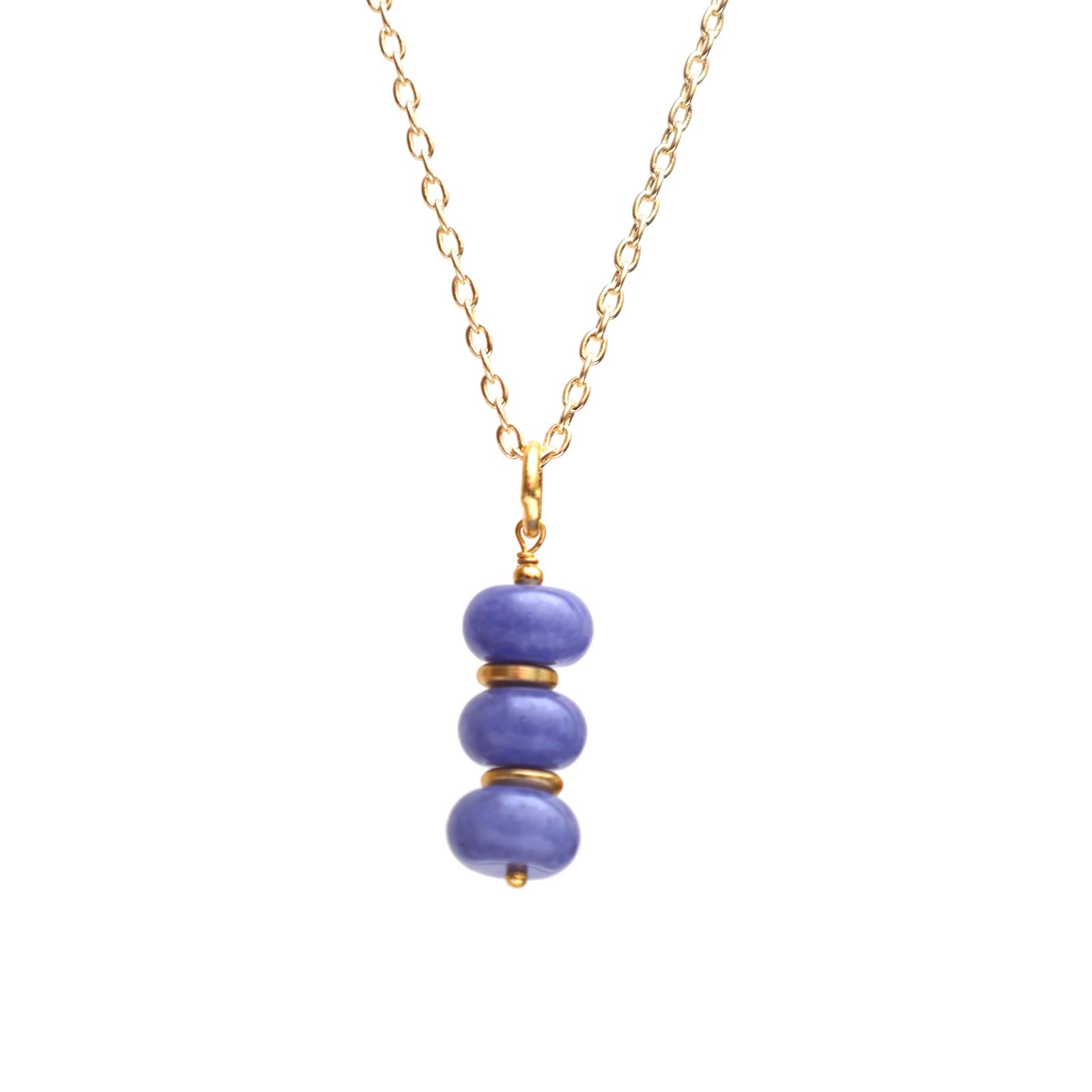 Gold chain necklace with three blue beads and gold accents