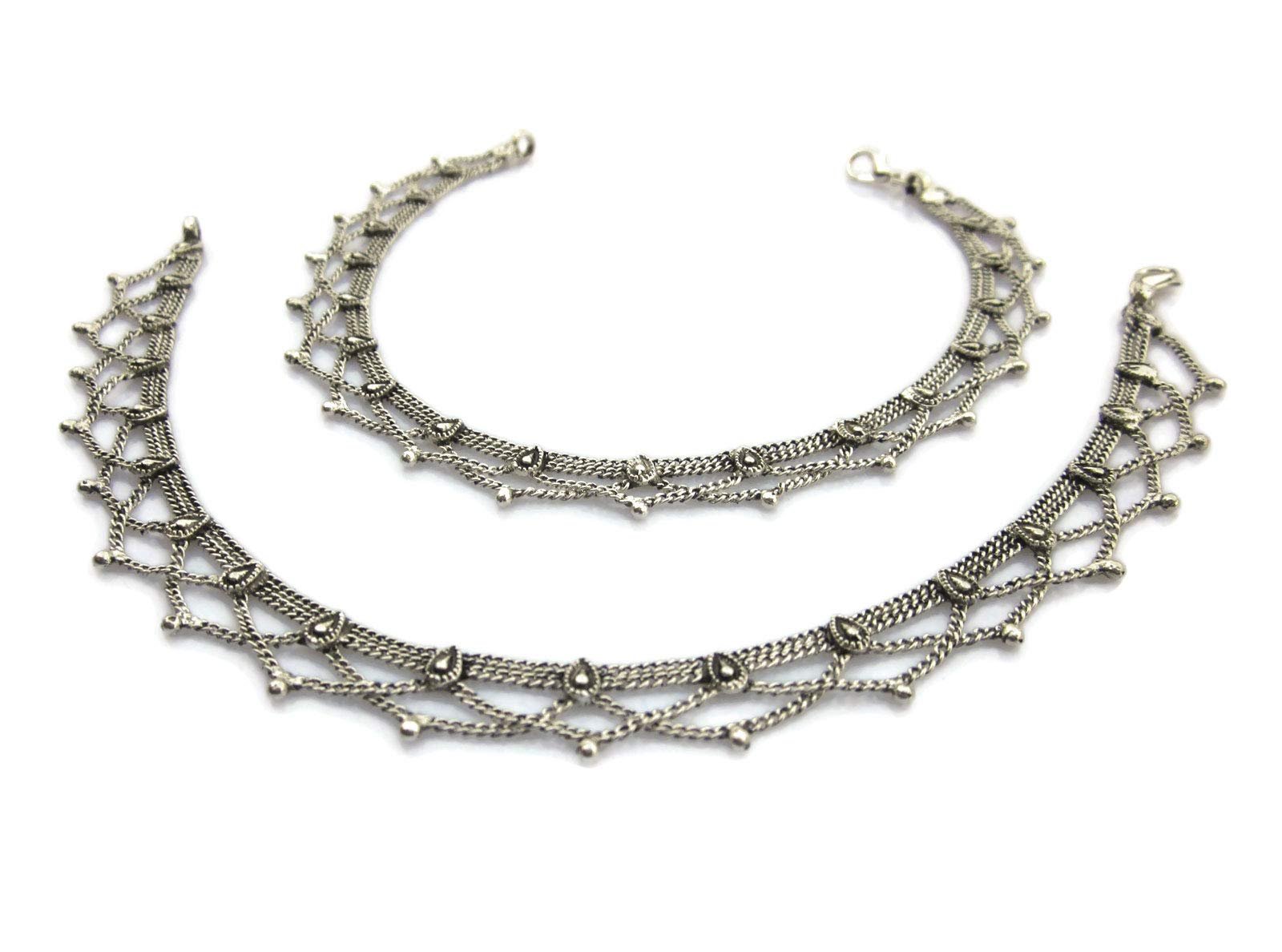 Two silver anklets with intricate, delicate chain and bead design