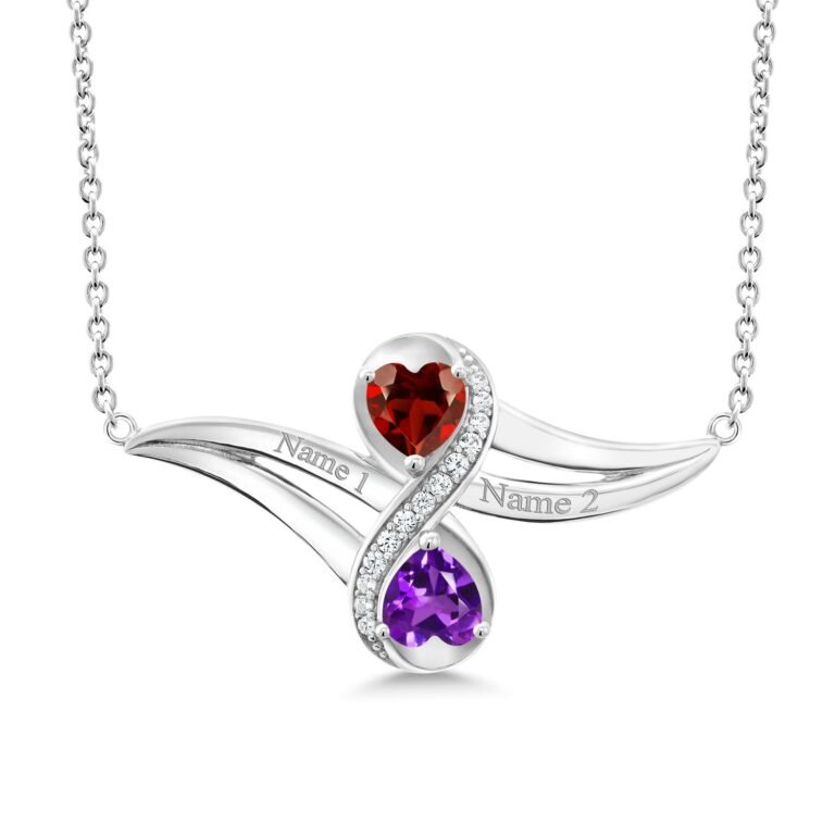Silver necklace with heart-shaped red and purple gemstones, "Name 1" and "Name 2"
