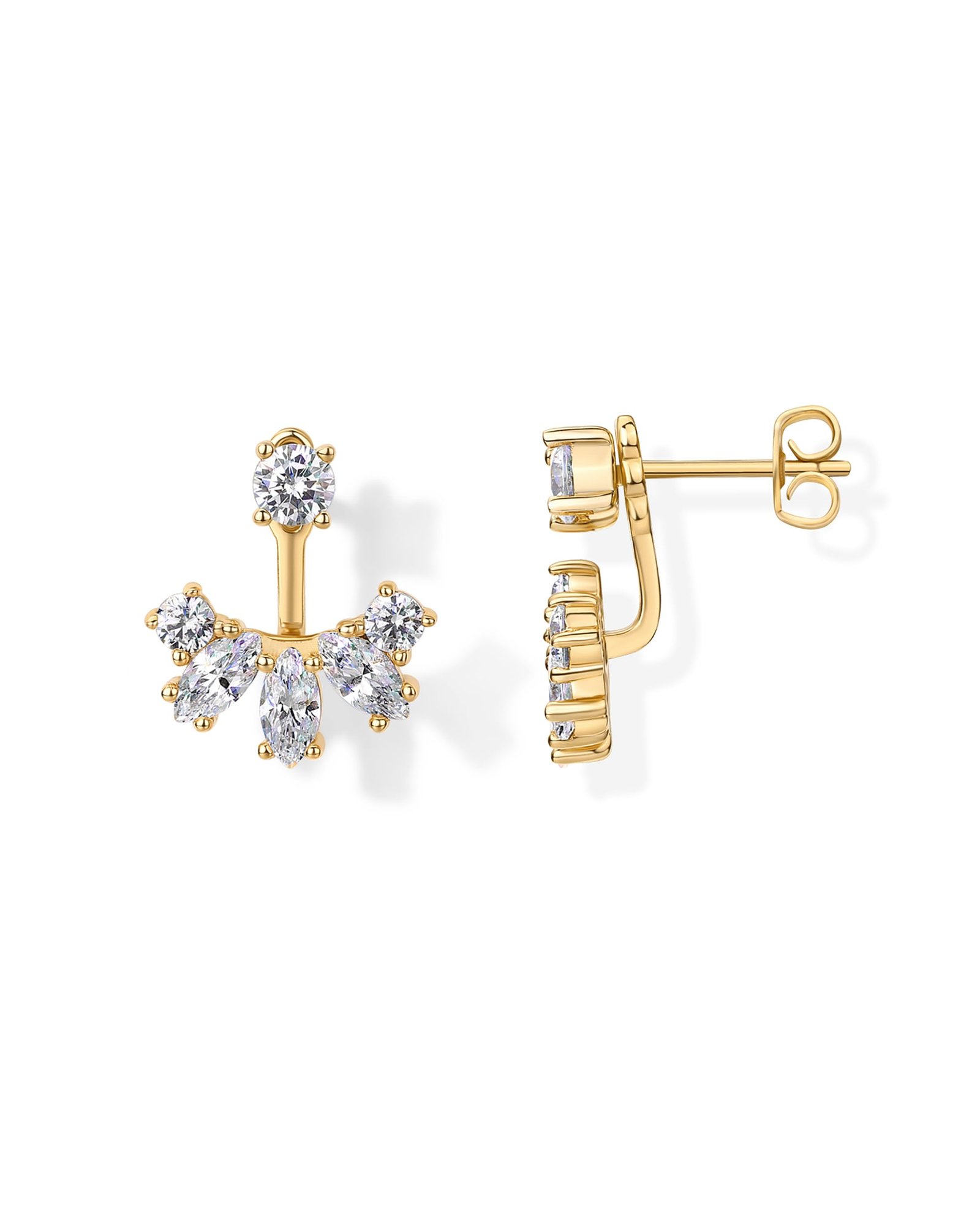 Gold earrings with clear gemstones in a fan-like design