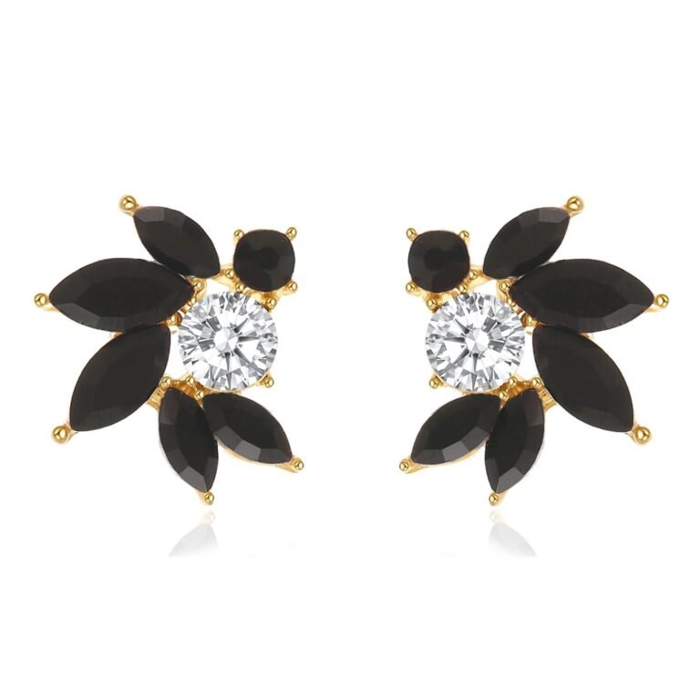 Pair of gold earrings with black and white gemstones