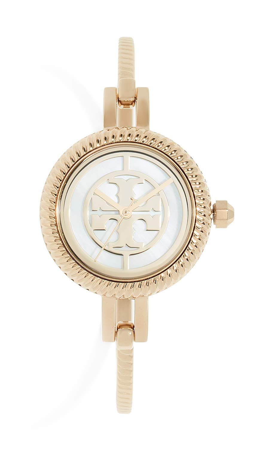 Gold Tory Burch watch with white face and logo