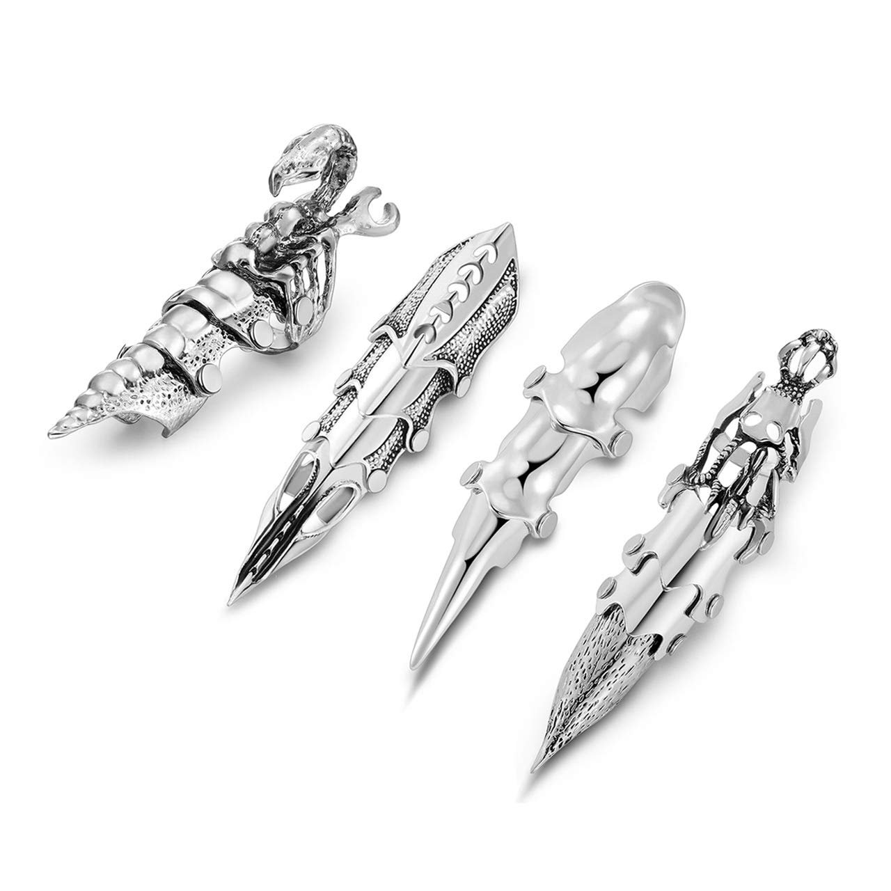 Four silver finger rings with unique, ornate, and pointed designs