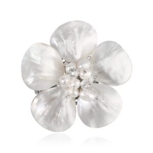 Flower-shaped brooch with large mother-of-pearl petals and pearl center