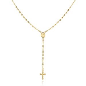 Gold rosary necklace with cross pendant and religious medallion