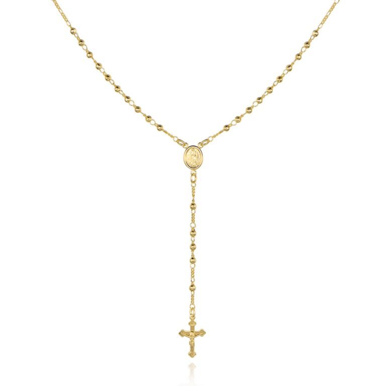 Gold rosary necklace with cross pendant and religious medallion