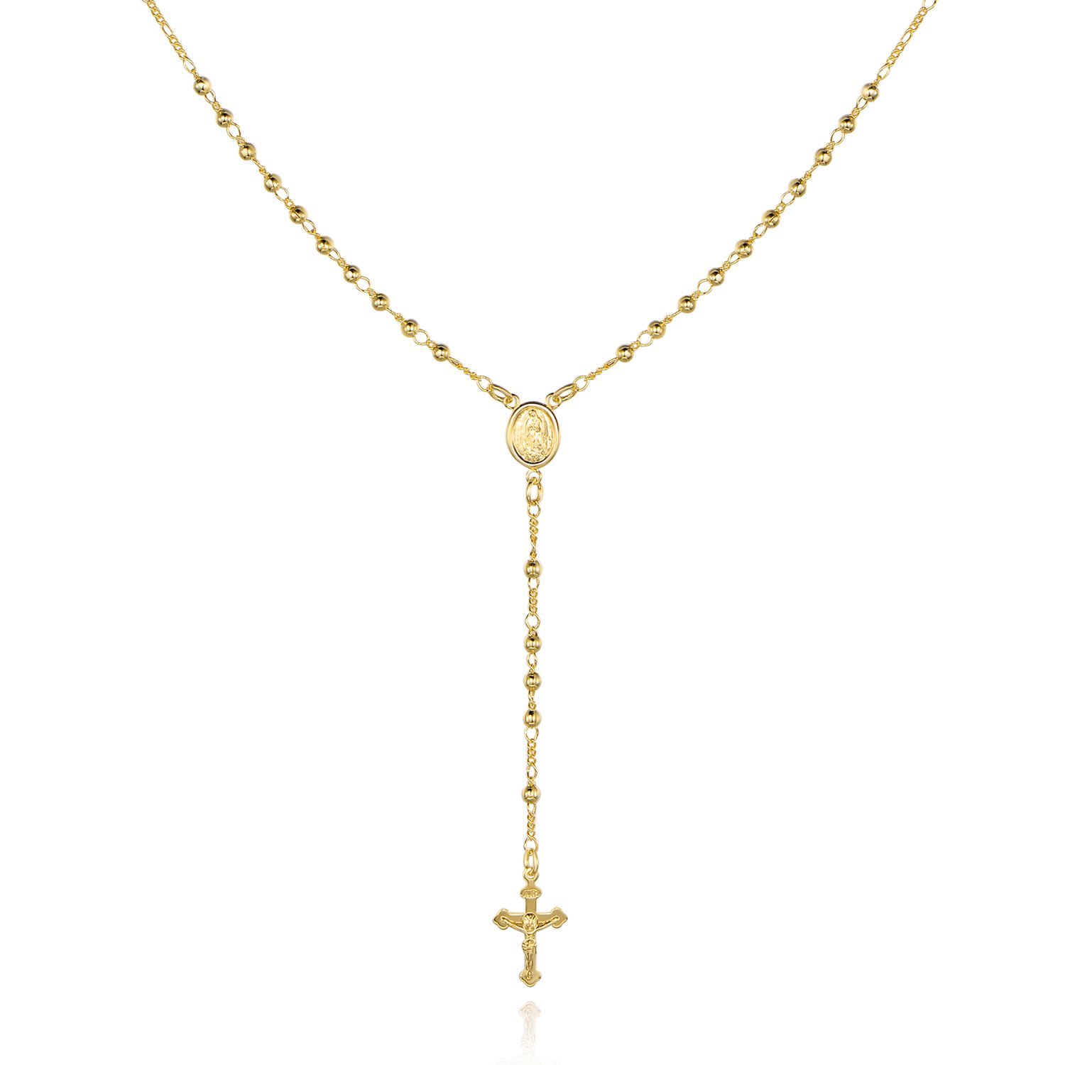 Gold rosary necklace with cross pendant and religious medallion