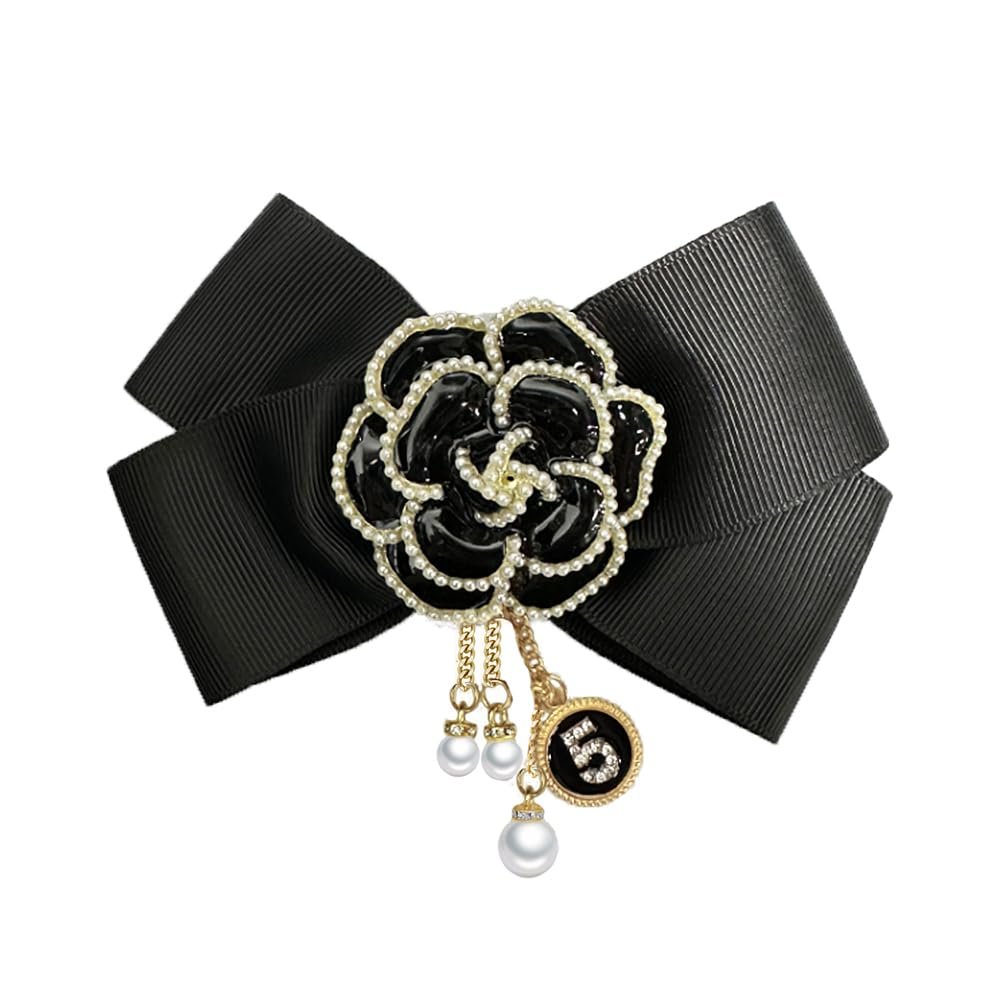 Black ribbon bow with a black flower and pearl charms