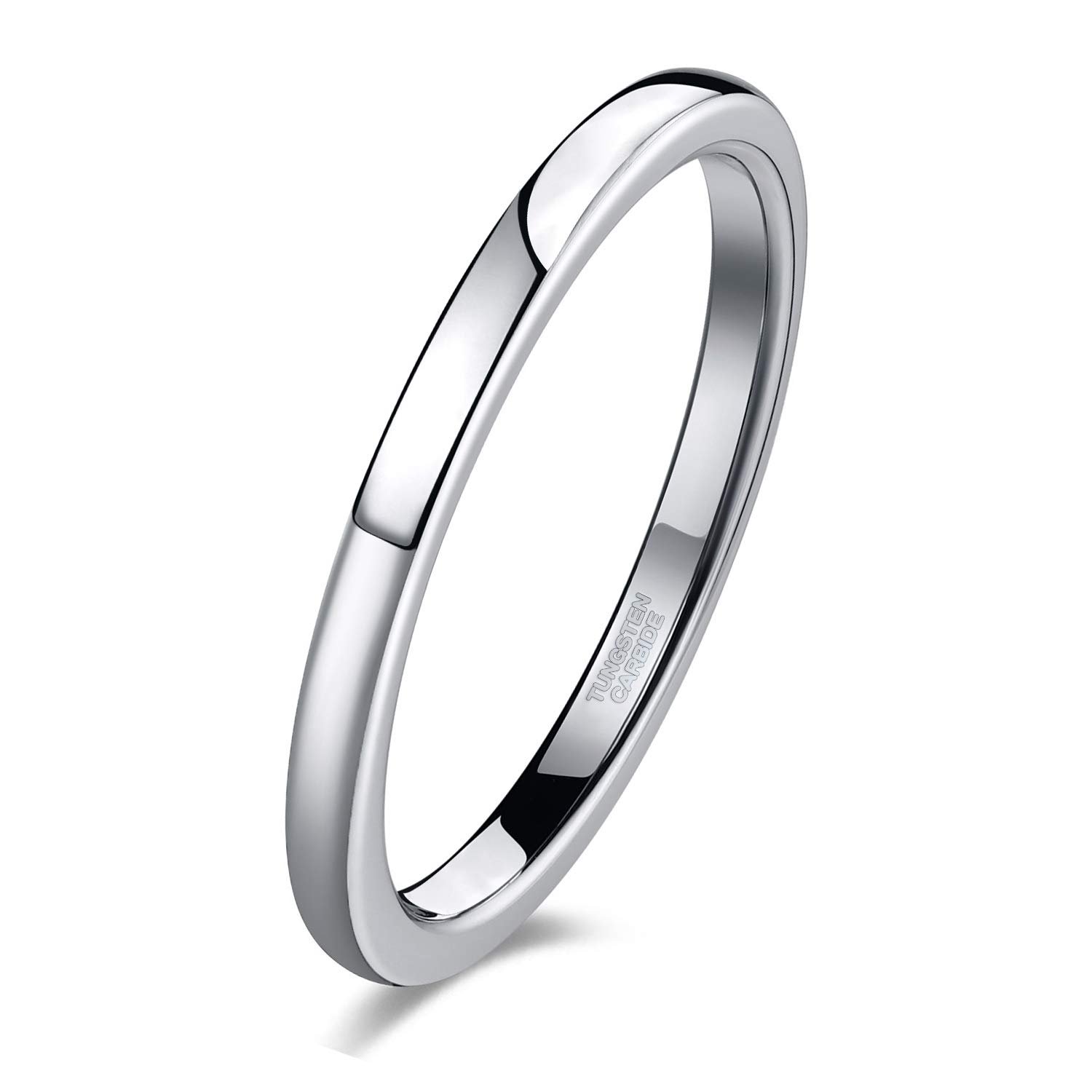 Silver tungsten carbide ring, shiny and curved, with "Tungsten Carbide" text