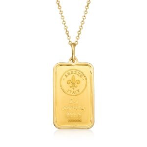 Gold bar pendant necklace with "Arezzo Italy" markings and chain