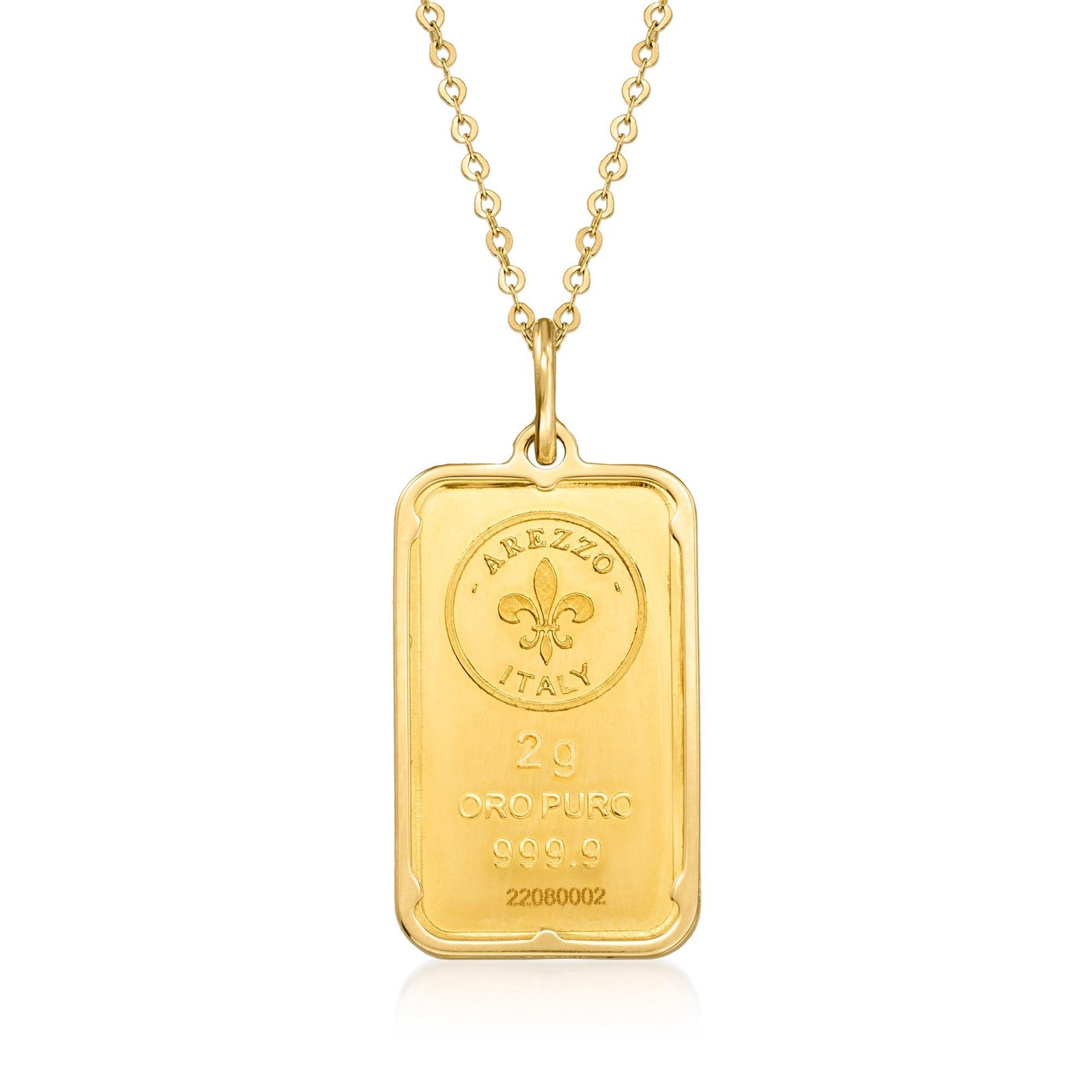 Gold bar pendant necklace with "Arezzo Italy" markings and chain