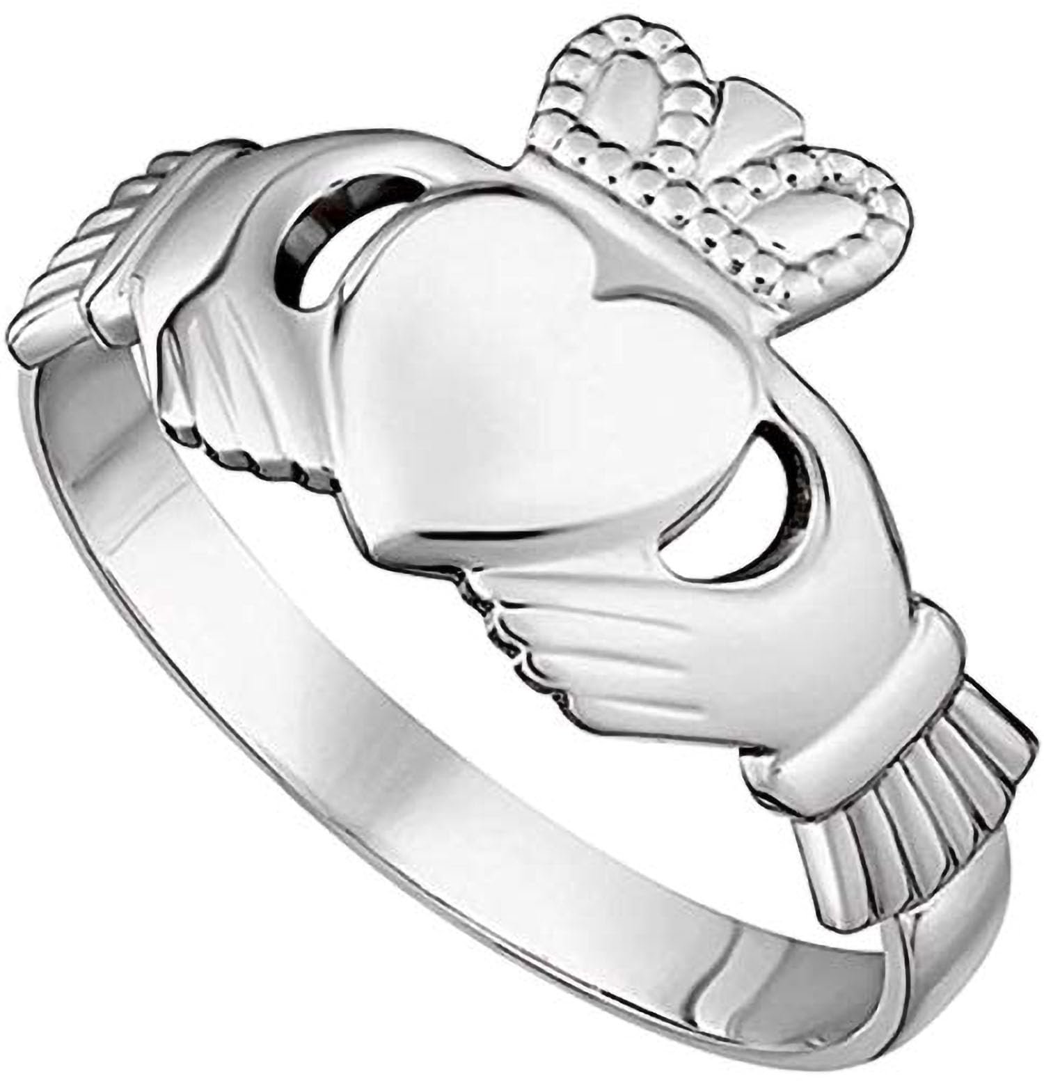 Silver Claddagh ring featuring a heart, crown, and clasped hands
