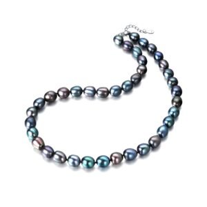 Black pearl necklace with silver clasp on a white background