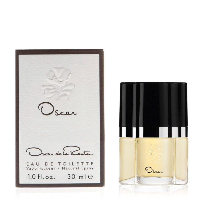 Oscar de la Renta perfume bottle and box, with floral design and branding