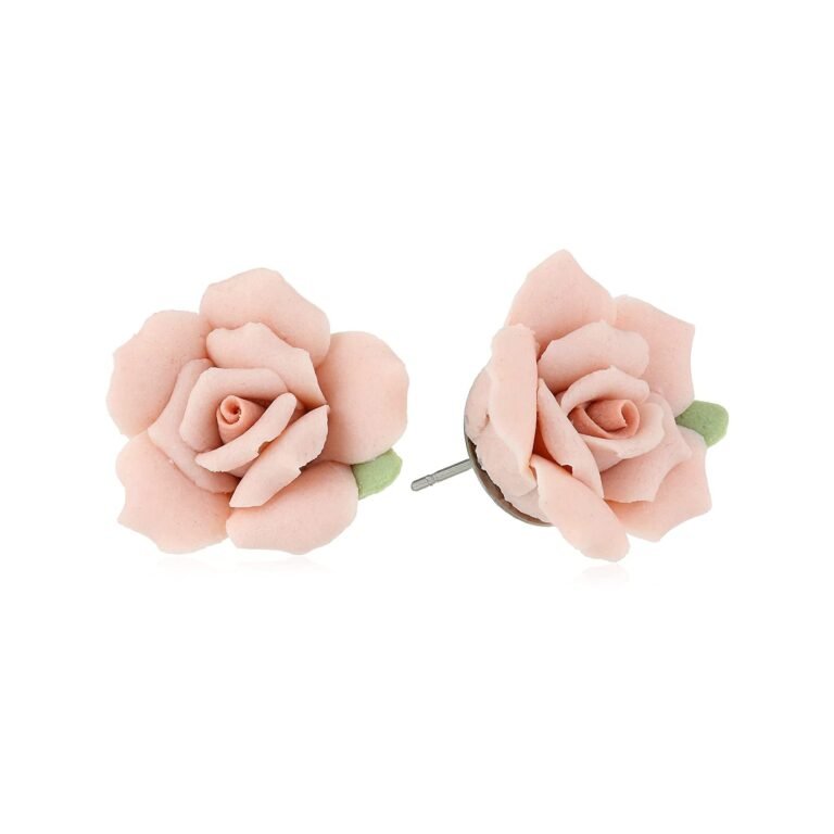 Pink rose-shaped stud earrings with green leaves on a white background