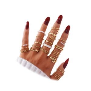 Hand with red nails wearing many gold rings of various styles