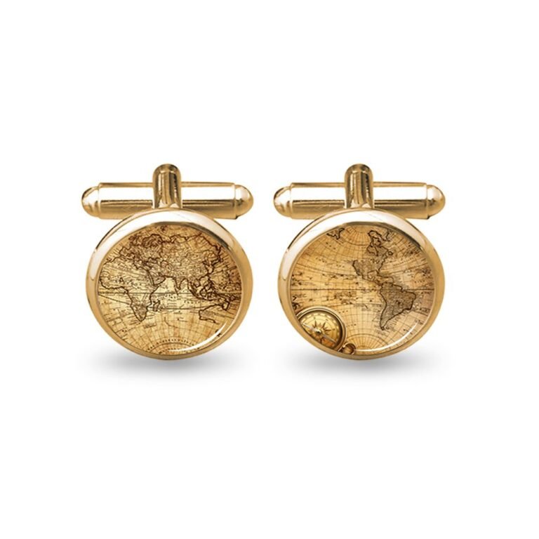 Gold cufflinks with a vintage world map design and compass
