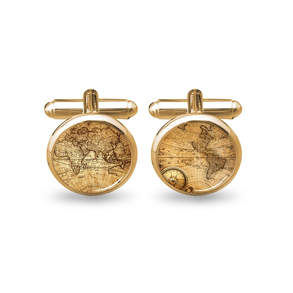 Gold cufflinks with a vintage world map design and compass
