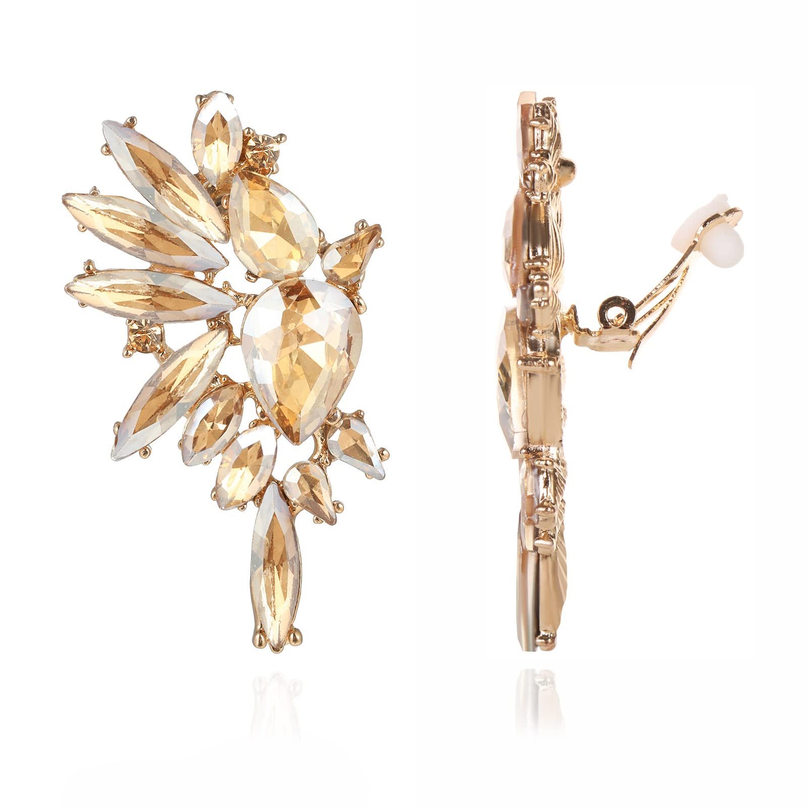 Gold clip-on earrings with amber and clear crystal-like stones