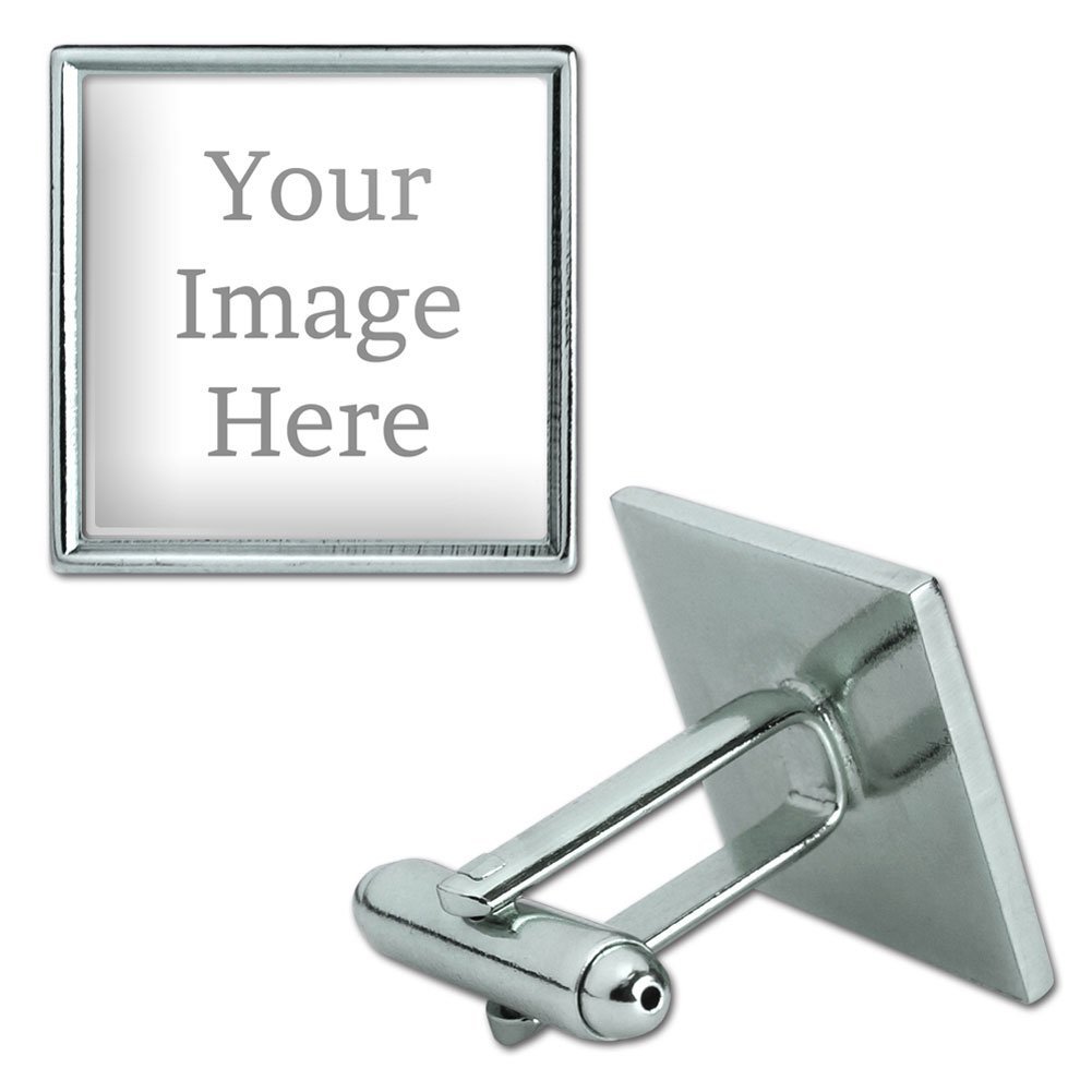 Silver square cufflinks with "Your Image Here" text on one side