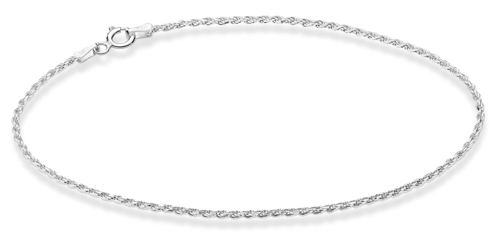 Silver rope chain bracelet with clasp on a white background