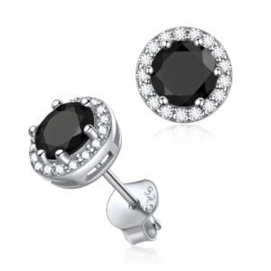 Pair of silver stud earrings with black center stone and white halo