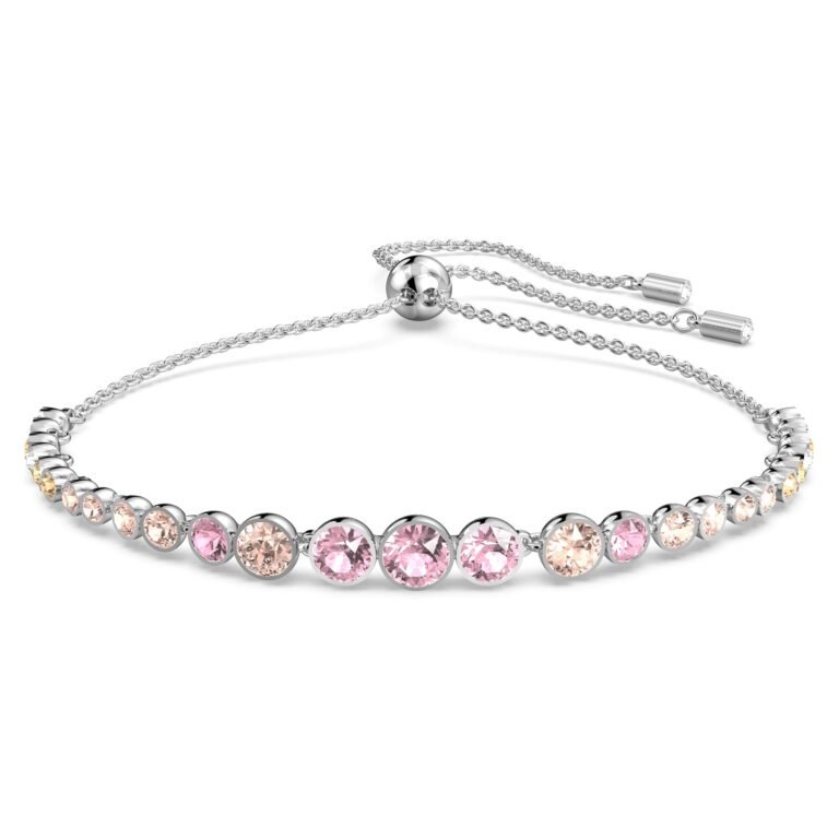 Silver bracelet with pink and peach colored gemstones