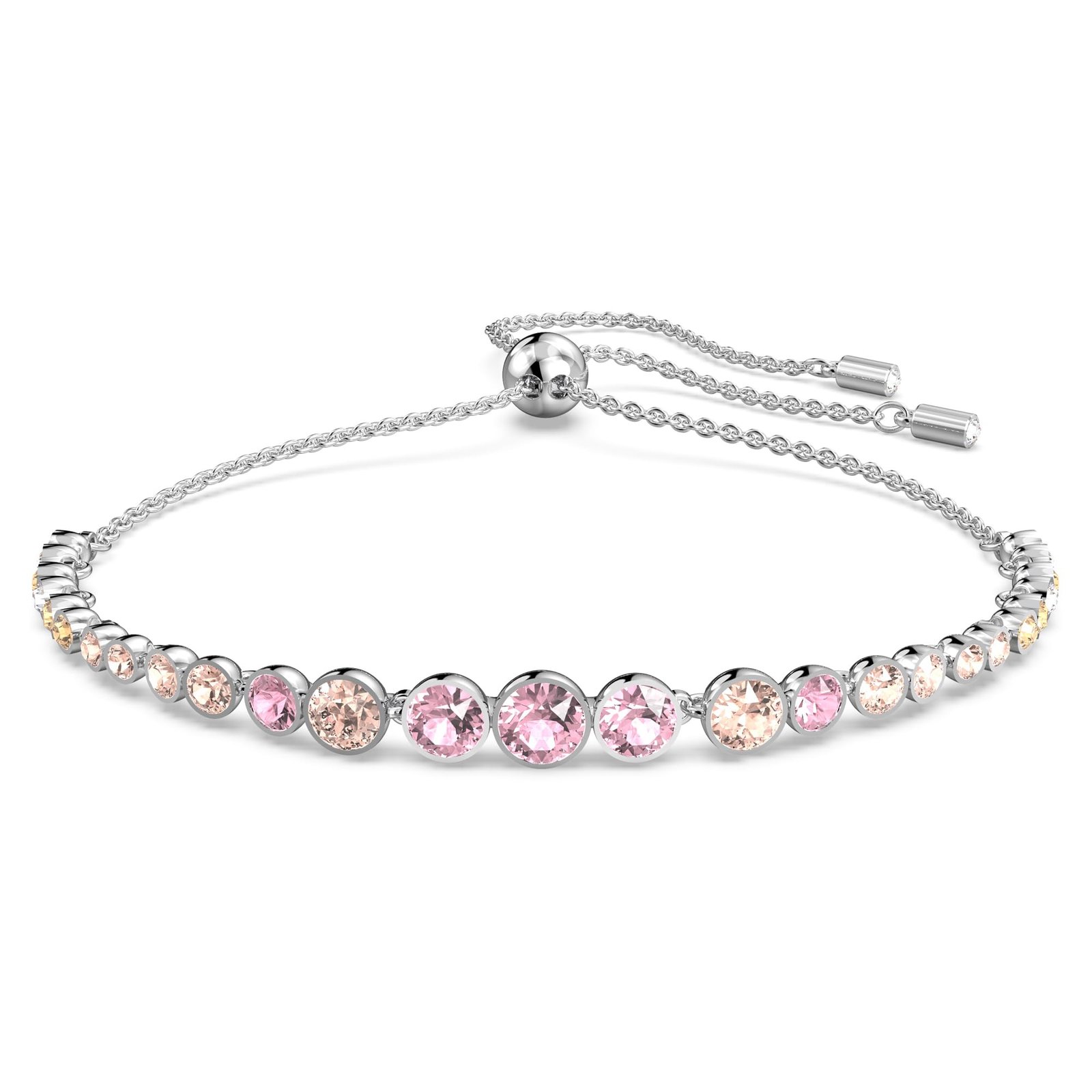 Silver bracelet with pink and peach colored gemstones