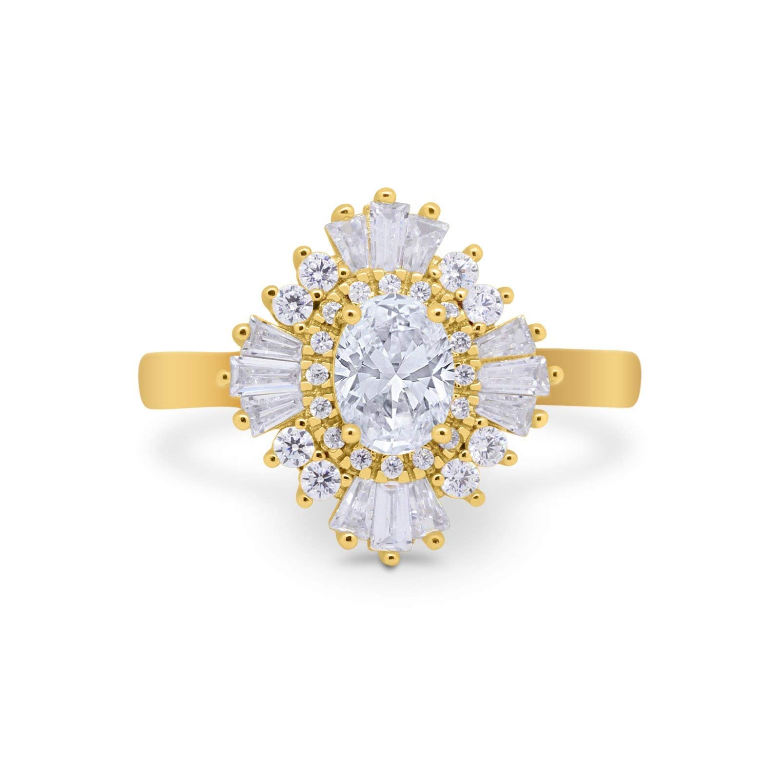 Gold ring with oval diamond center and surrounding diamond accents