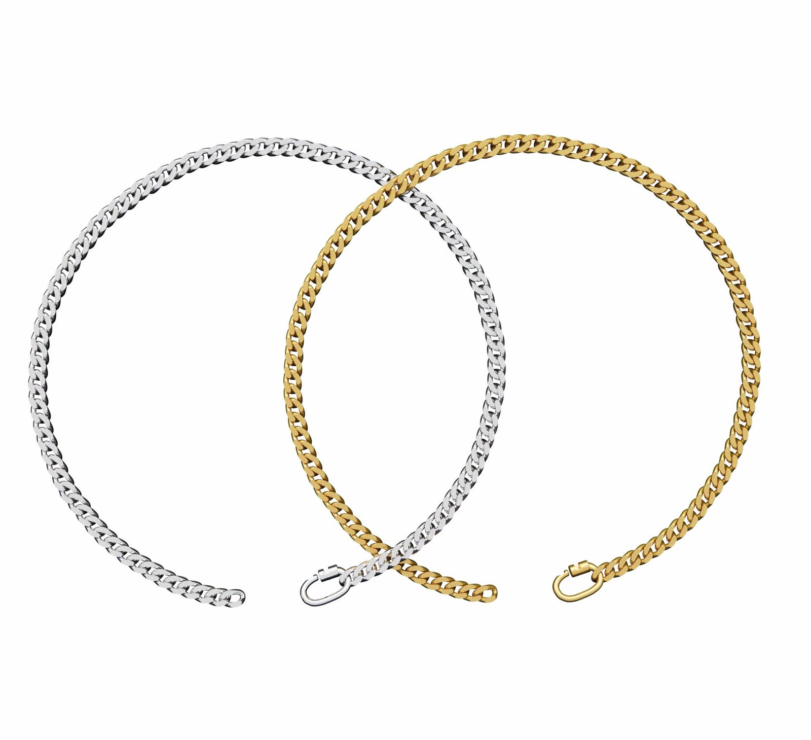 Two chain necklaces, one silver and one gold, with clasp closures