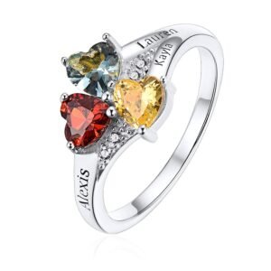 Silver ring with three heart-shaped gemstones and engraved names