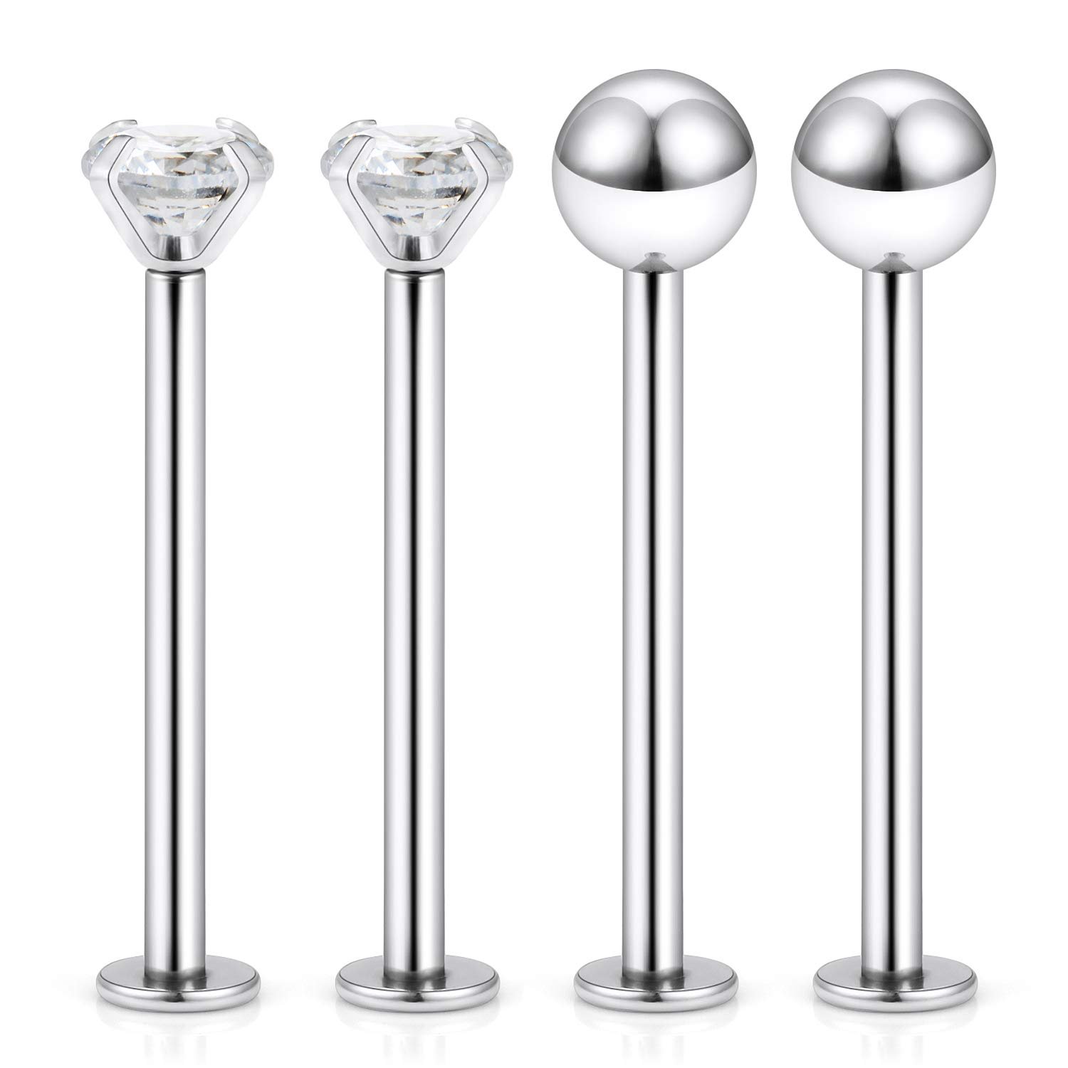 Four silver labret studs, two with diamonds, two with balls