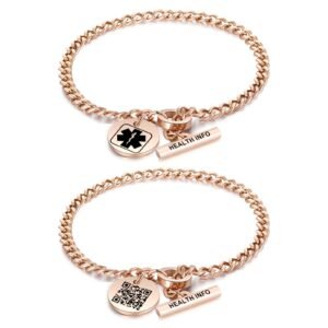 Rose gold medical alert bracelets with a QR code and medical symbol