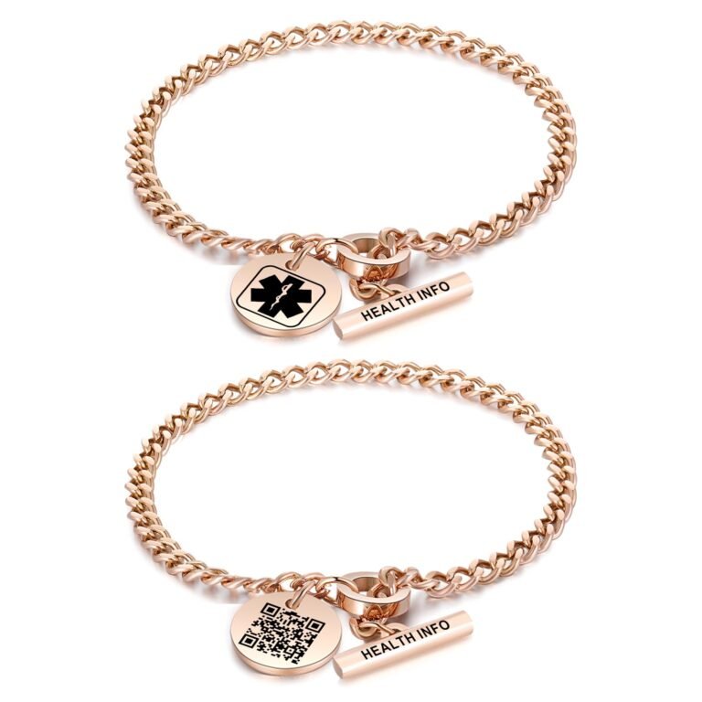 Rose gold medical alert bracelets with a QR code and medical symbol