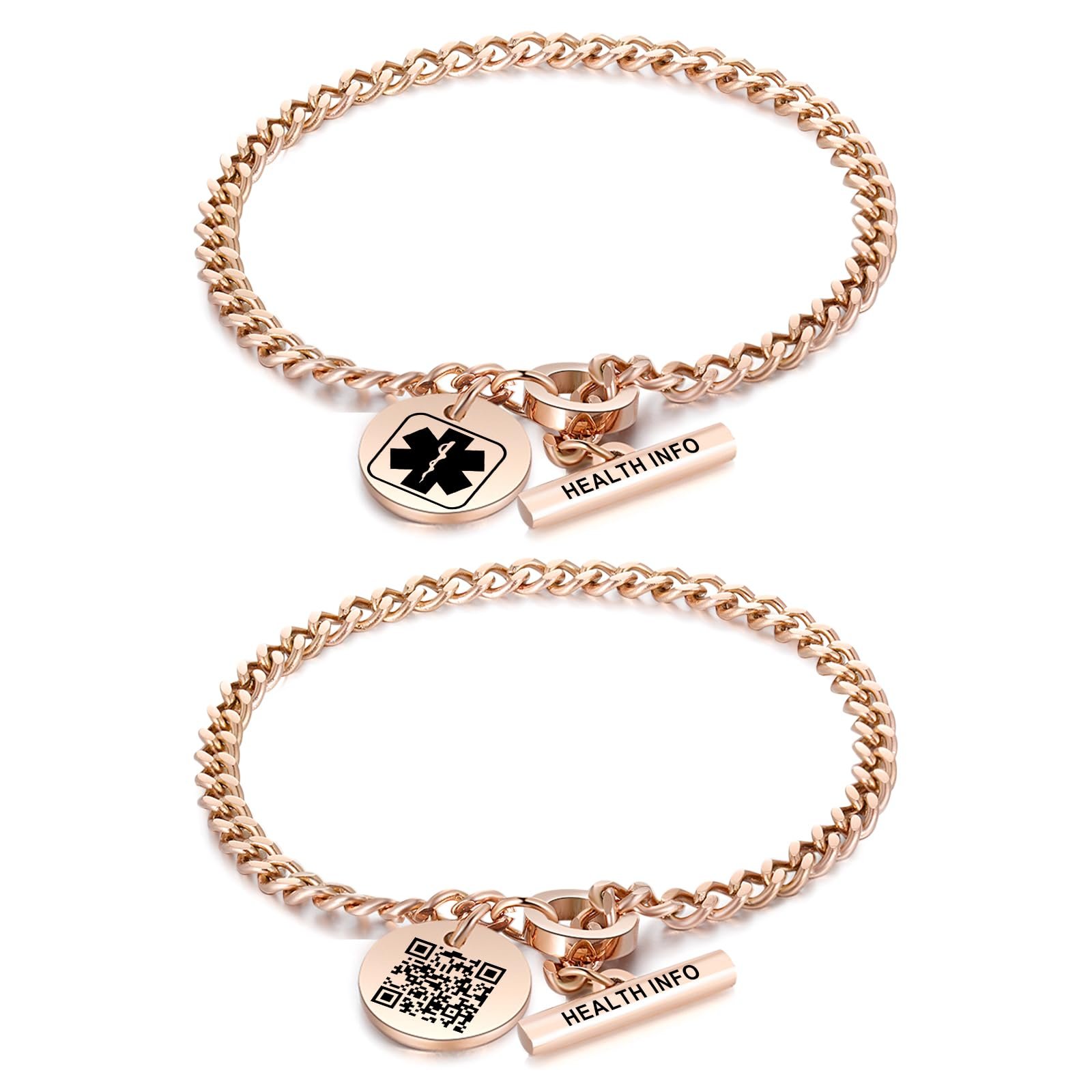 Rose gold medical alert bracelets with a QR code and medical symbol