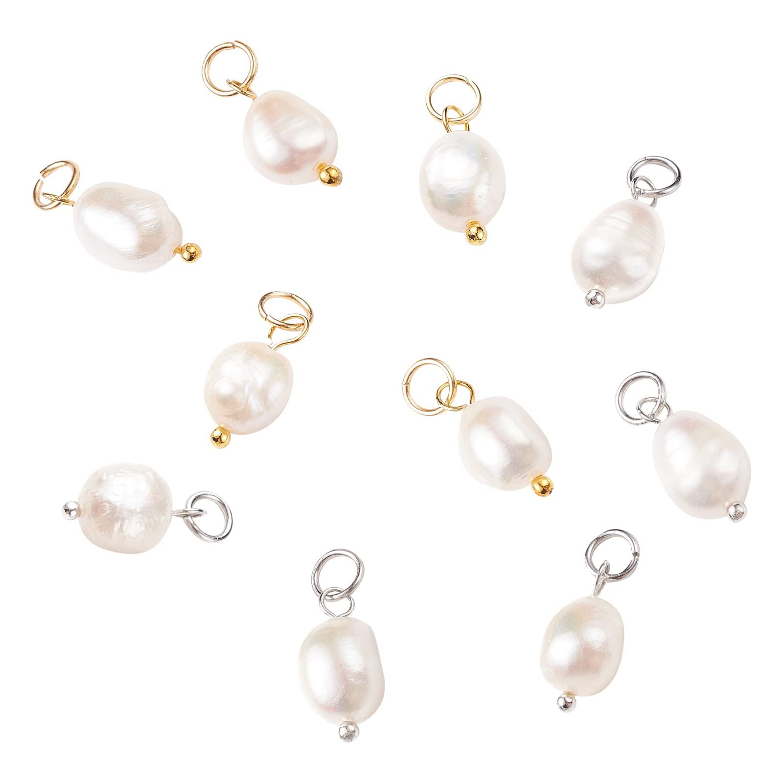 Nine pearl charms with gold and silver loops and accents
