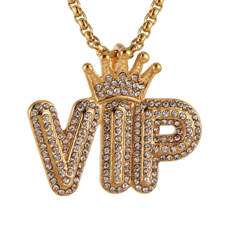 Gold VIP pendant necklace with crown and embedded rhinestones