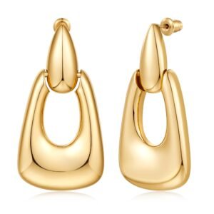 Pair of gold teardrop-shaped earrings with a post backing on white background