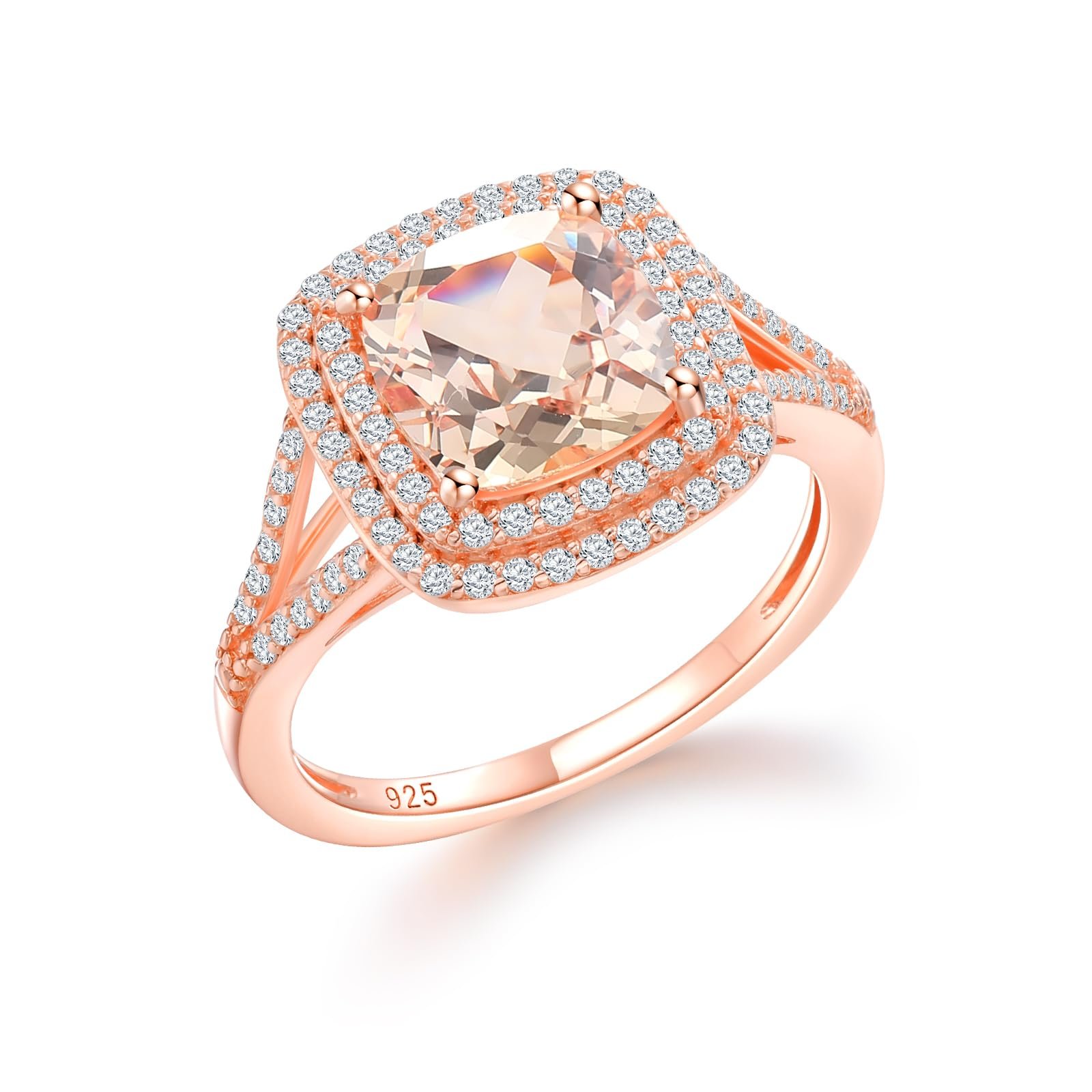 Rose gold ring with a peach-colored stone and diamond halo