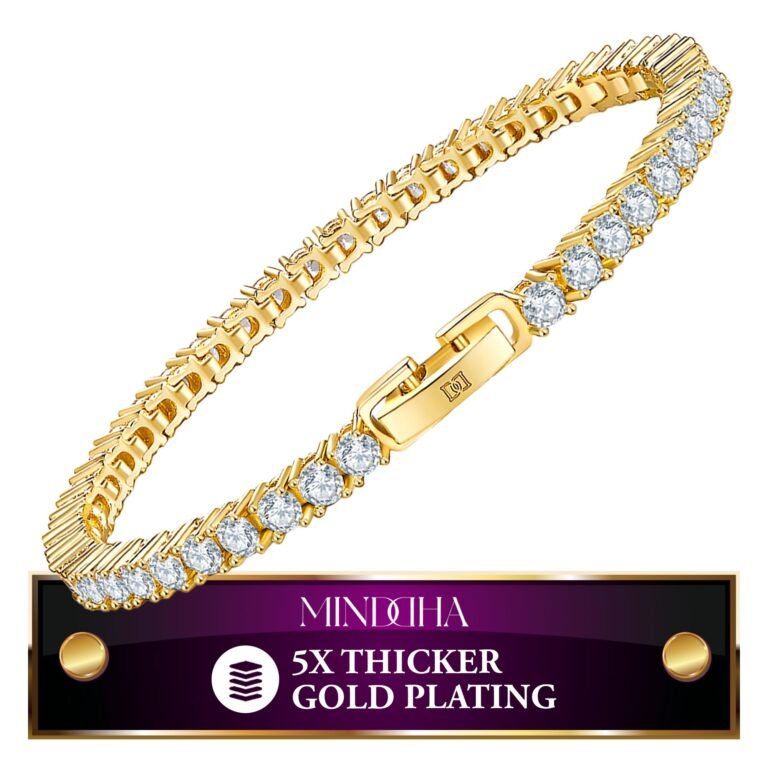 Gold tennis bracelet with clear gemstones and clasp, product advertisement